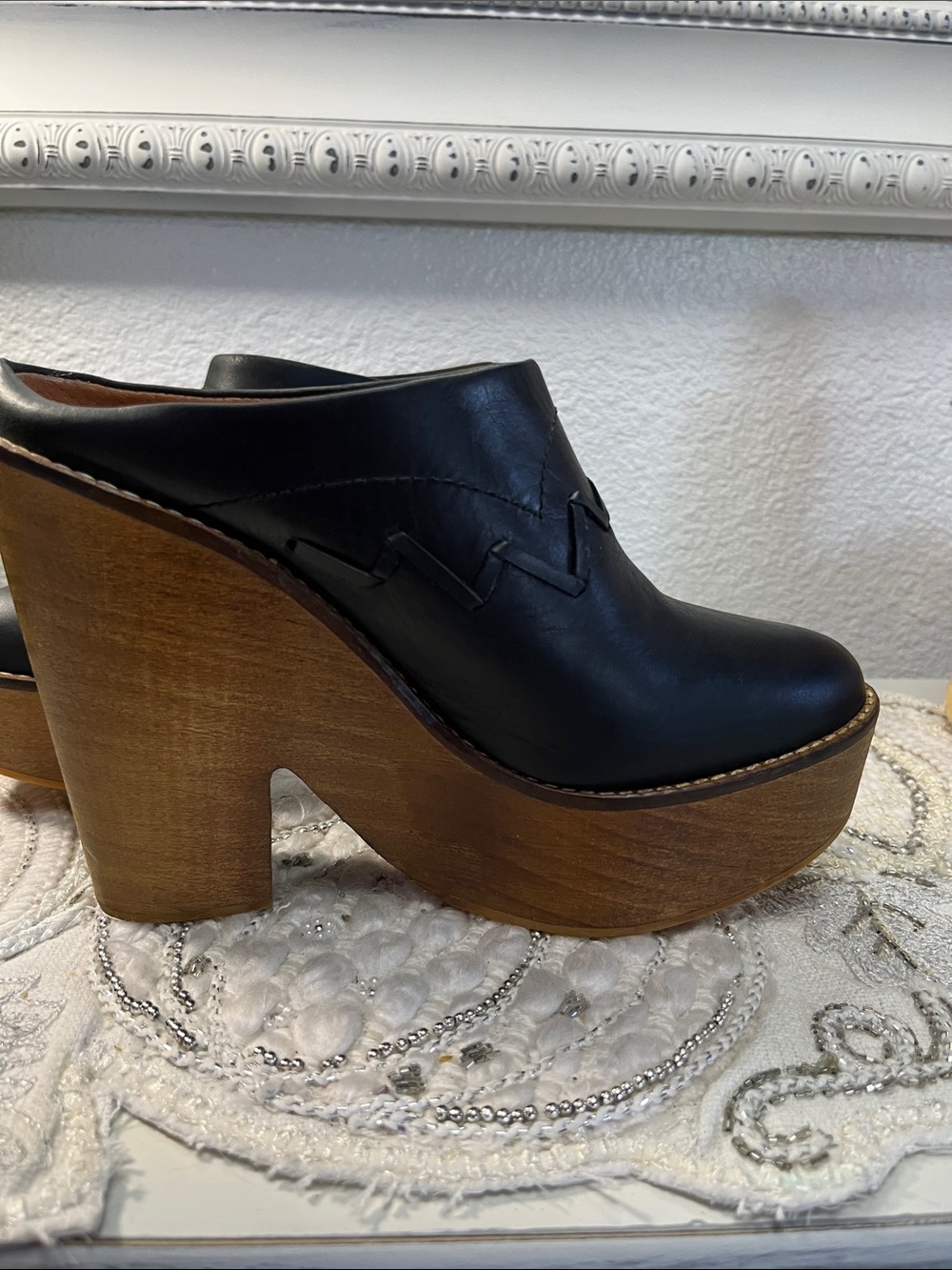 Free People Chance Clogs Black Leather Platform Mules Size 37 Boho Wooden Heel - Picture 7 of 13